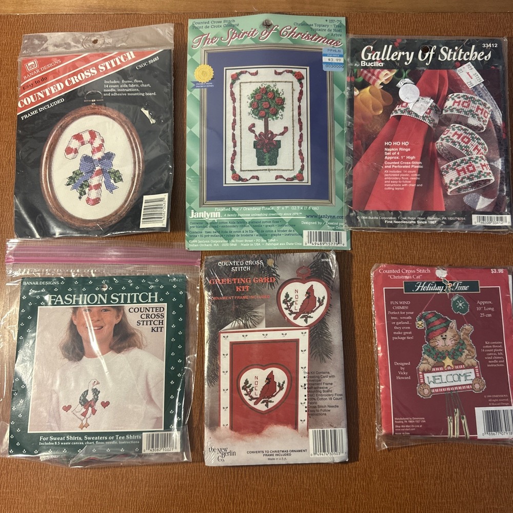 Vtg Set Of 6 Christmas Stitch Kits: Counted Cross Stitch Bucilla, Janlynn, Banar